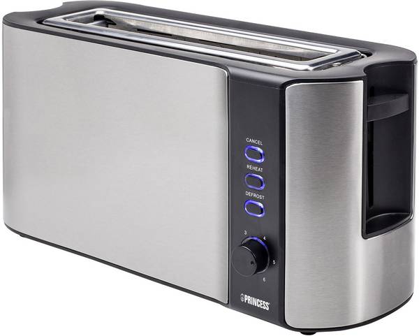 Princess  Langschlitztoaster mit eingebautem Brötchenaufsatz Edelstahl, Schwarz