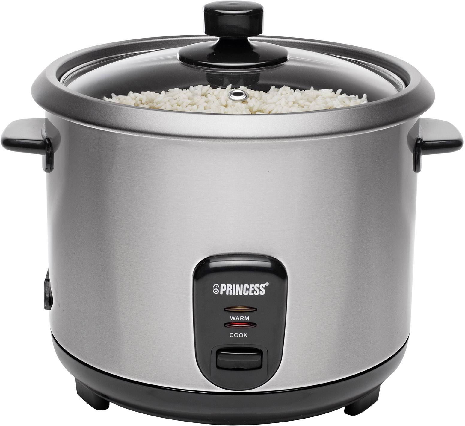 Ein moderner Reiskocher mit gefülltem, gekochtem Reis auf einer Küchenarbeitsfläche.