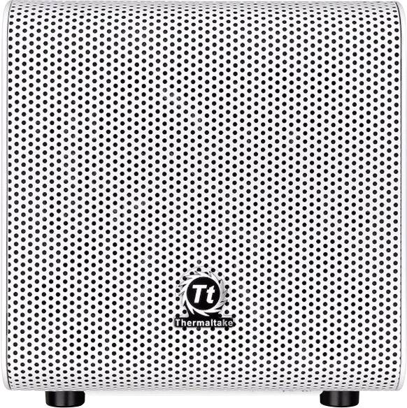 Ein weißes Computergehäuse mit schwarzen Lüftungslöchern und dem Logo 'Thermaltake' in der Mitte unten.