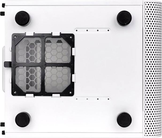 Ein weißes Computergehäuse von oben gesehen mit einem abnehmbaren Gitter und Lüftungsöffnungen. Vier runde Standfüße sichtbar.