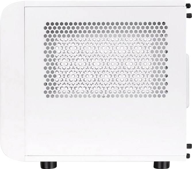 Weiße Computer-Tower-Seitenansicht mit perforierter Belüftung.