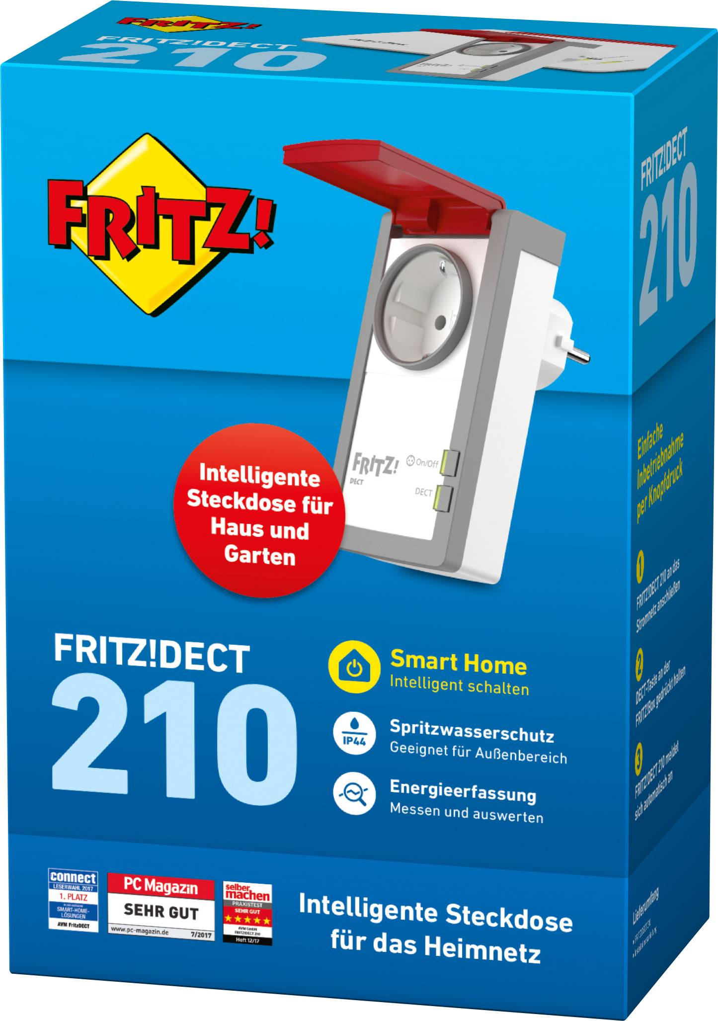 'Verpackung der FRITZ!DECT 210: Intelligente Steckdose für Haus und Garten mit Spritzwasserschutz, Smart Home Features, Energieerfassung.'