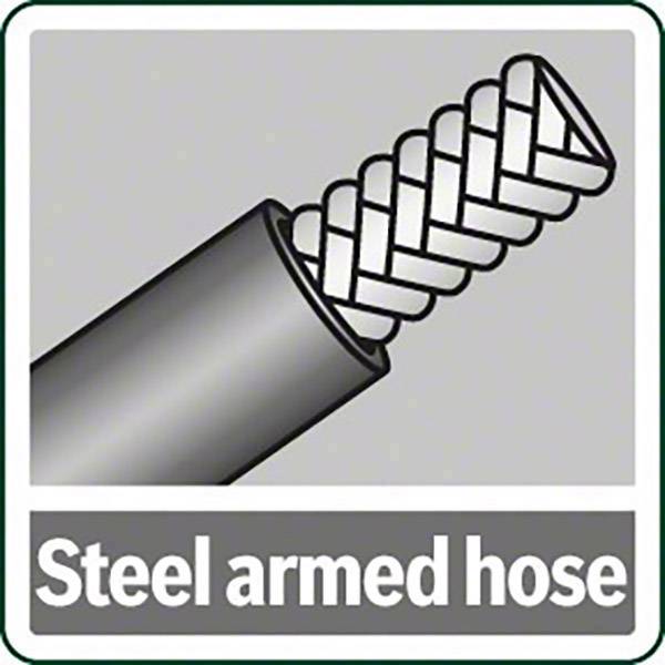 'Steel armed hose' auf grauem Hintergrund, zeigt ein Stahlarmierungsmuster innerhalb eines Schlauchs.
