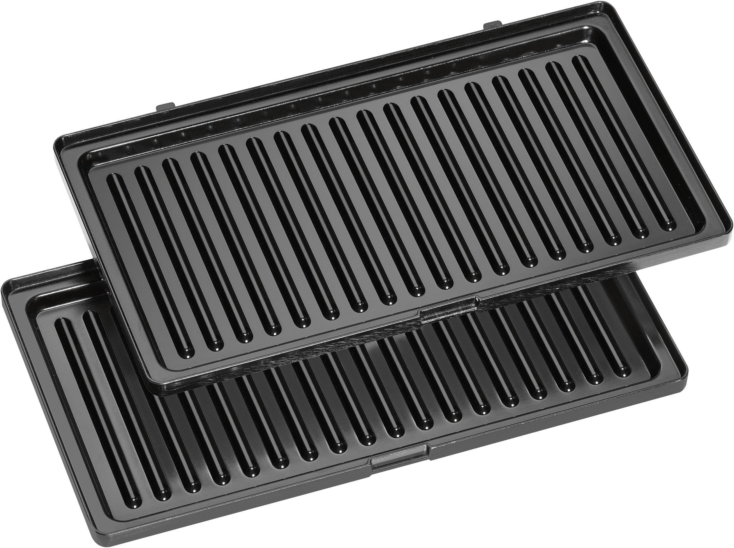 Zwei schwarze Grillplatten mit Rillen, übereinander gestapelt. Ideal für Grillgeräte, um gleichmäßiges Garen zu ermöglichen.