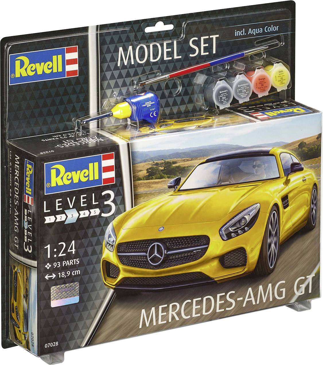 Revell Modellbausatz 'Mercedes-AMG GT' im Maßstab 1:24, mit 93 Teilen, Farben, Pinsel und Kleber inklusive. Verpackung zeigt gelbes Auto.