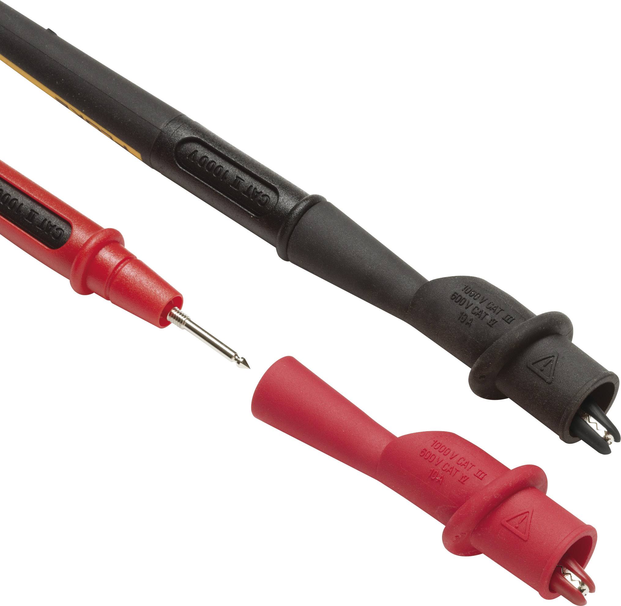 Ein roter und ein schwarzer Multimeter-Teststift. Der rote Stift ist spitz, während der schwarze etwas dicker gestaltet ist.
