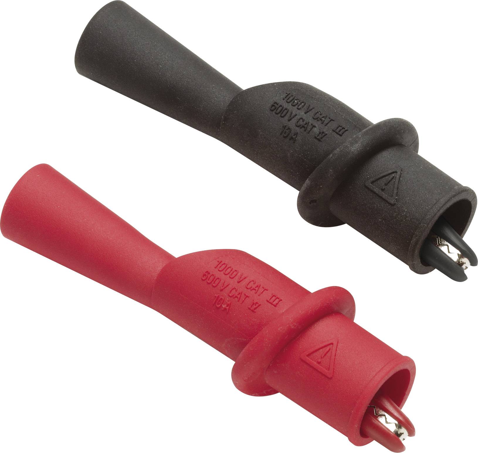 Zwei isolierte Krokodilklemmen, eine schwarz und eine rot, zur sicheren elektrischen Verbindung bis 1000 V CAT III.