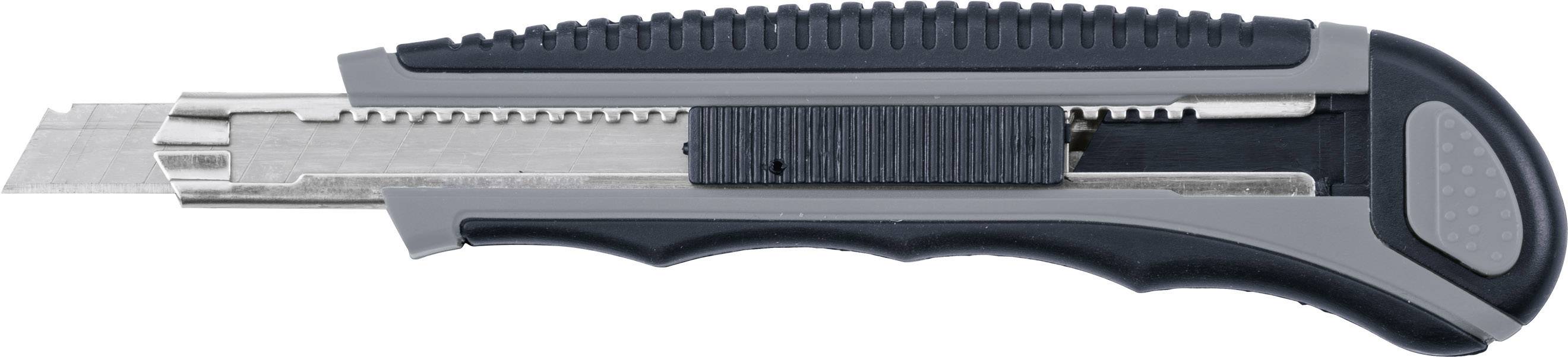 Schwarzer und grauer Universalmesser mit versenkbarer Klinge, geeignet für Schneidearbeiten in Heimwerken und Büro.