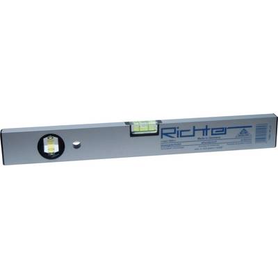 Wasserwaage mit zwei Libellen zur Ausrichtung. Silberfarben mit Aufschrift 'Richter' und 'Made in Germany'.