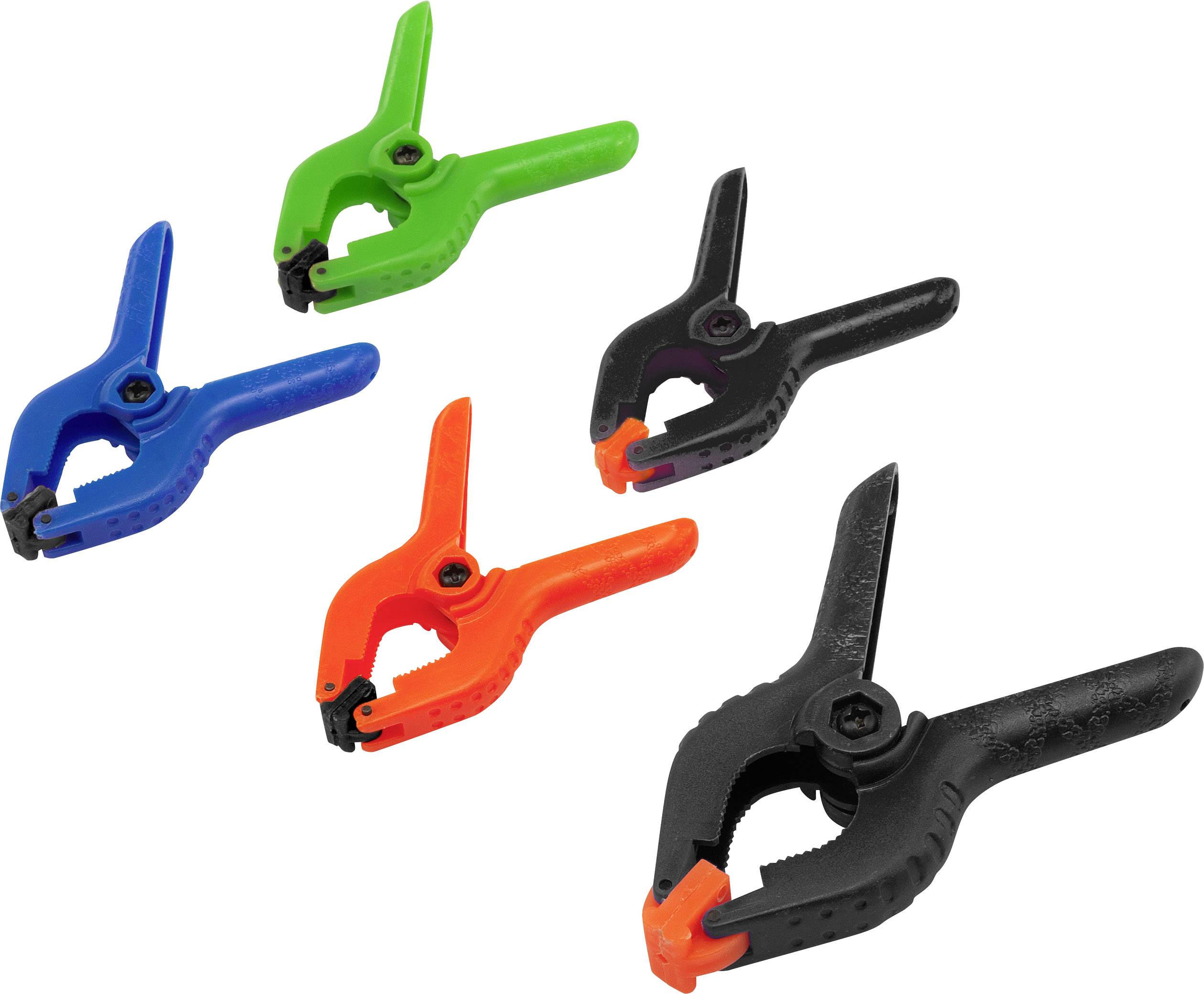 Fünf Federklemmen in verschiedenen Farben (grün, blau, orange, schwarz) aufgereiht, dargestellt auf weißem Hintergrund.