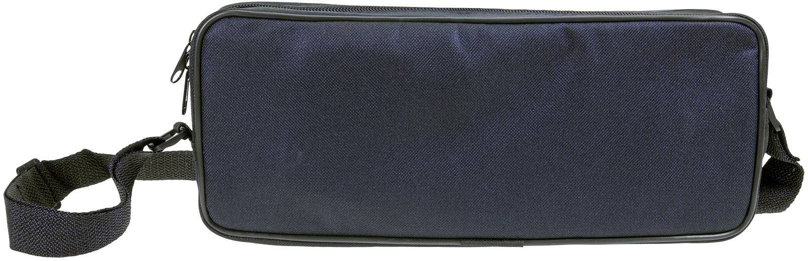 Eine rechteckige, dunkelblaue Schultertasche mit Reißverschluss und verstellbarem Trageriemen.