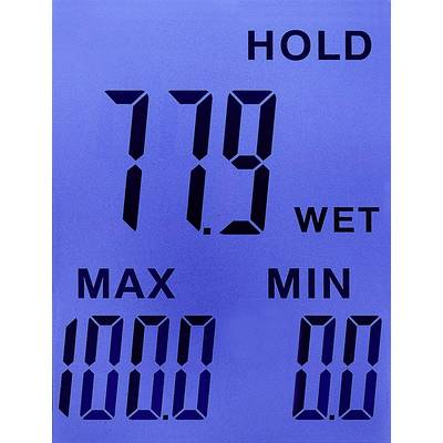 Elektronische Anzeige auf blauem Hintergrund zeigt 'HOLD', 'WET', große Zahl 779, 'MAX' 1000, 'MIN' 00.