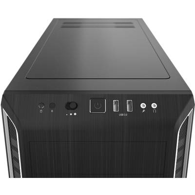 Schwarzes Computergehäuse mit USB-Anschlüssen und Power-Taste an der Vorderseite.