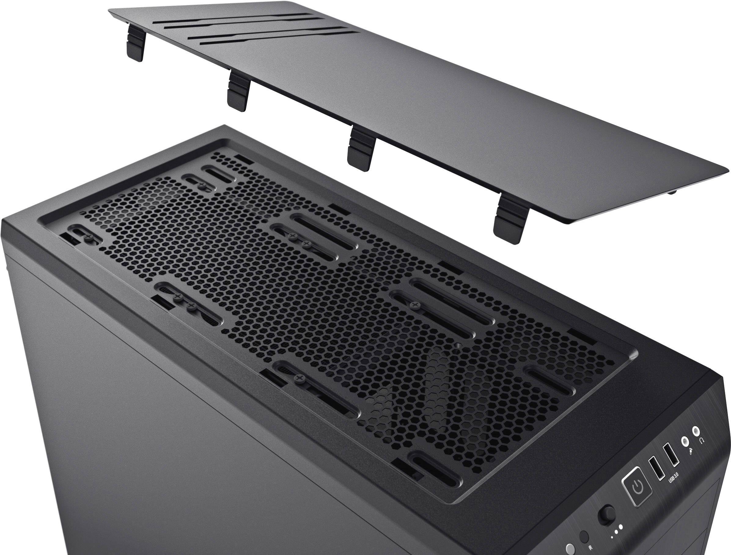 'PC-Gehäuse mit abgenommener Oberseite, zeigt Lüftungsgitter und Anschlüsse an der Vorderseite.'