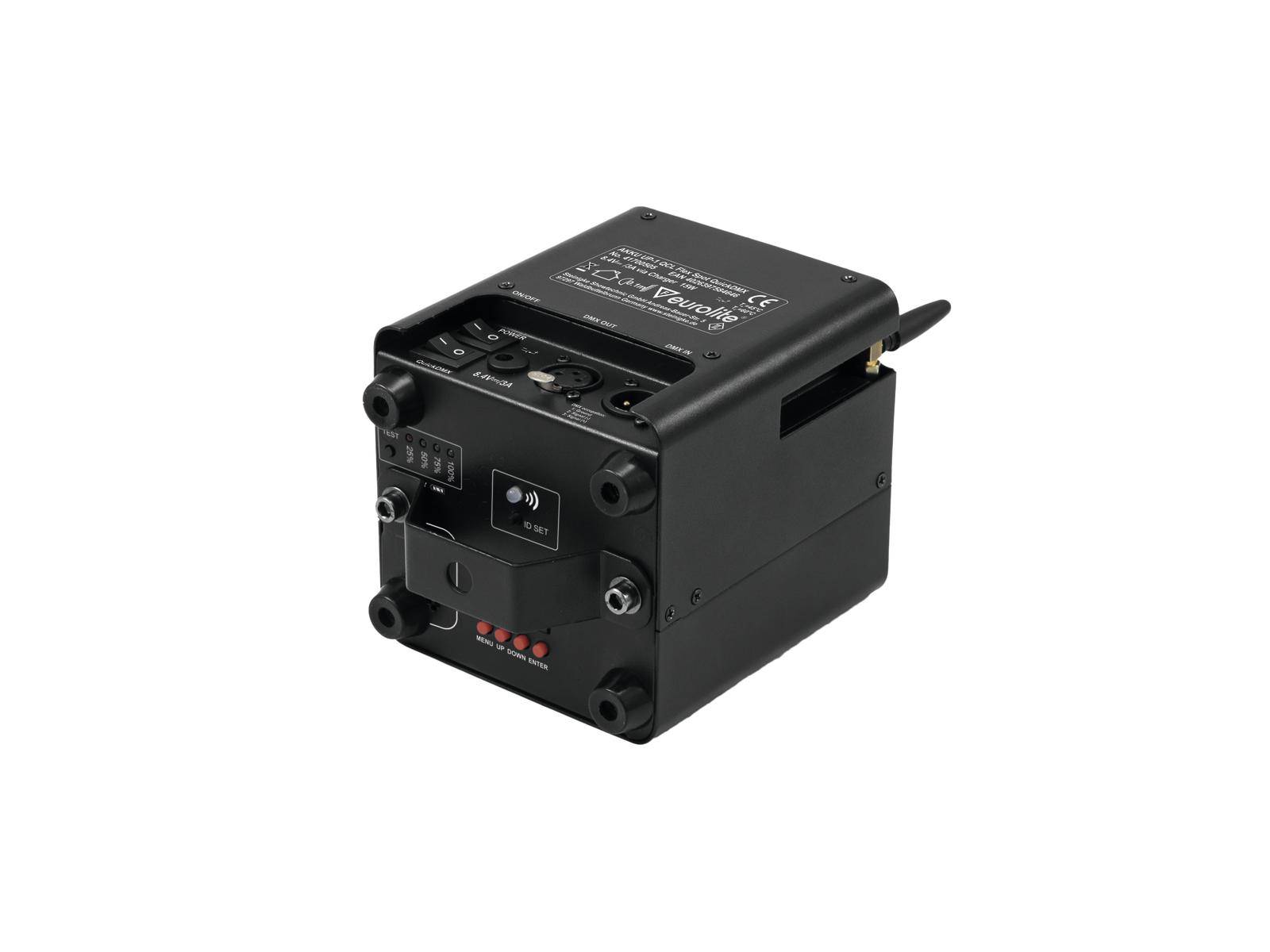Ein schwarzes, rechteckiges elektronisches Gerät mit mehreren Anschlüssen und Schaltern, möglicherweise ein Funktransmitter.