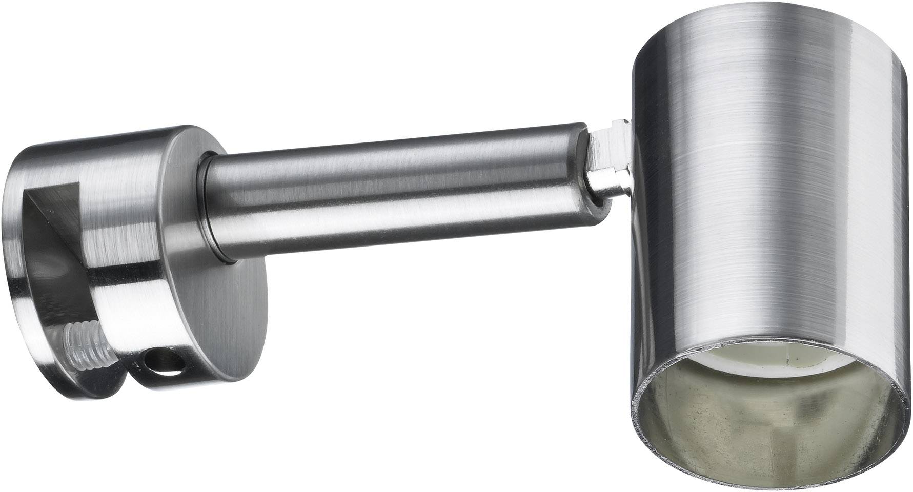 Metallische Wandlampe mit zylindrischem Leuchtkopf und schwenkbarem Arm, geeignet für gezielte Ausleuchtung in modernen Innenräumen.