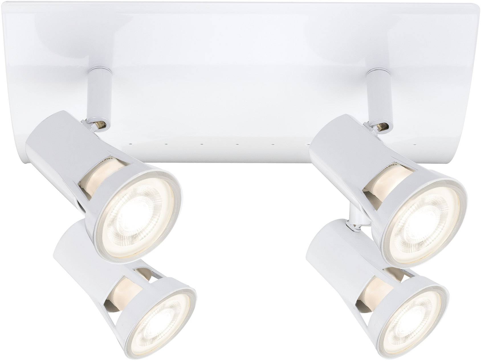 Vier weiß-silberne Deckenstrahler, rechteckig angeordnet, mit schwenkbaren Köpfen für flexible Beleuchtung.