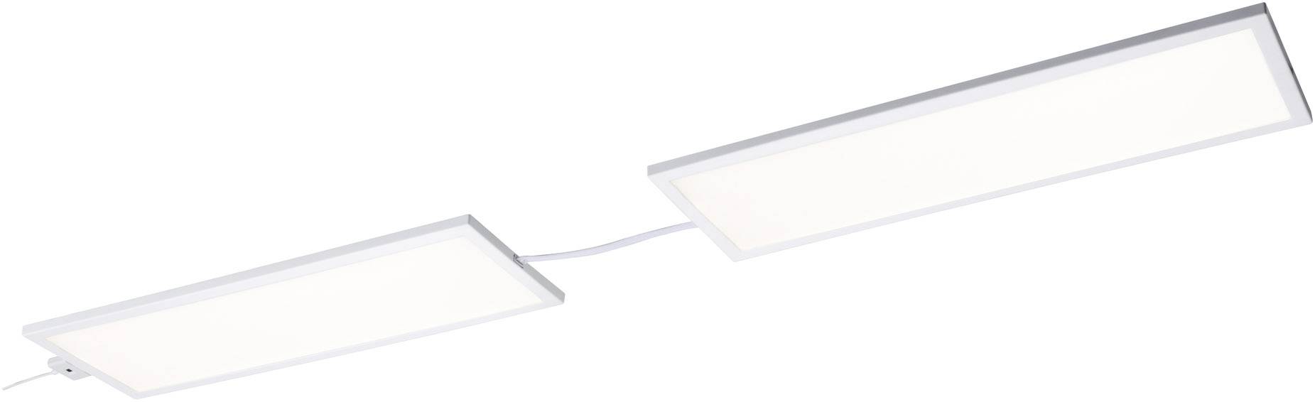 Zwei rechteckige, weiße LED-Deckenleuchten, verbunden durch ein Kabel, leuchten hell und gleichmäßig.