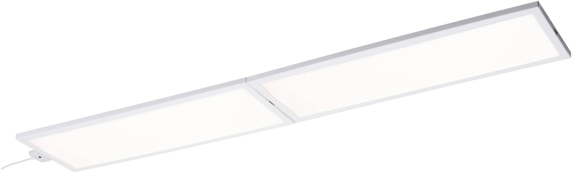 Weiße, rechteckige LED-Deckenleuchte mit zwei Paneelen. Klares, modernes Design, geeignet für Büro- oder Wohnräume.