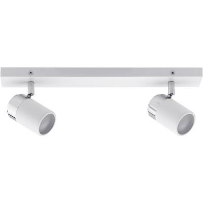 Zwei weiße Deckenstrahler auf rechteckiger Halterung, die flexibel ausgerichtet werden können. Modernes Design, schlicht und funktional.