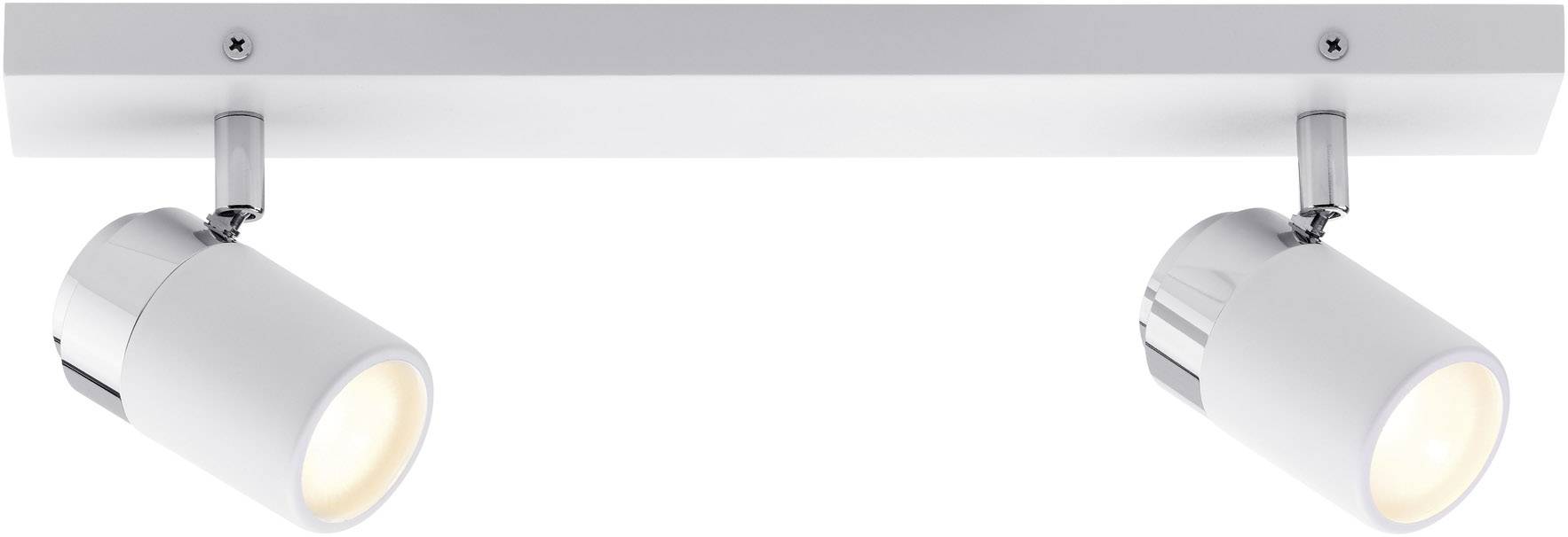 Zwei weiße Deckenstrahler mit zylinderförmigen Lampenschirmen, montiert auf einer rechteckigen Metallplatte, leuchten in den Raum.