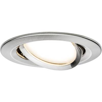 Rundstrahler aus gebürstetem Metall mit schwenkbarem Rahmen, strahlt warmes Licht aus. Geeignet für moderne Deckeninstallationen.