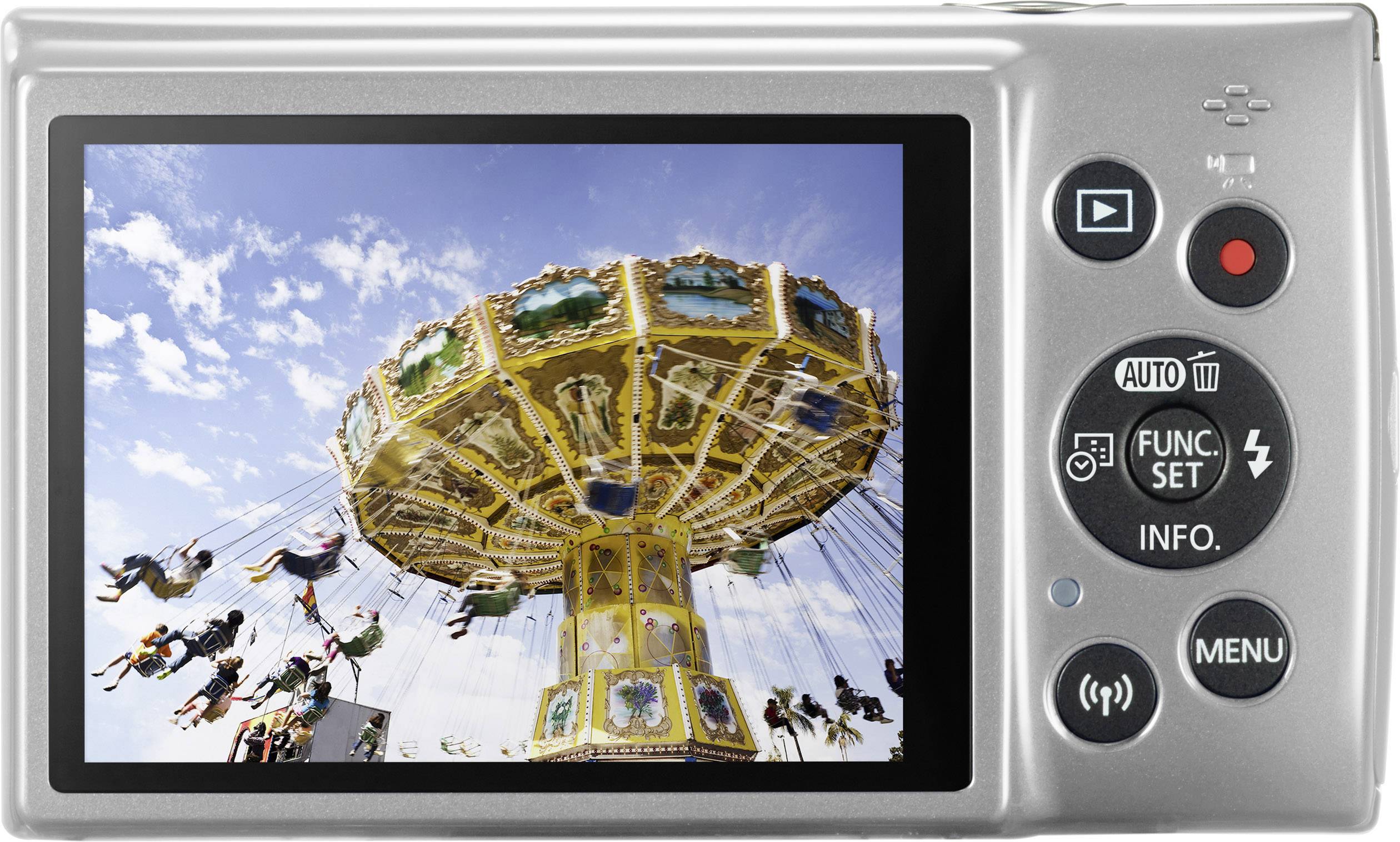 Eine Digitalkamera zeigt ein Foto eines Karussells in Bewegung vor blauem Himmel. Menschen sitzen auf schwingenden Sitzen.