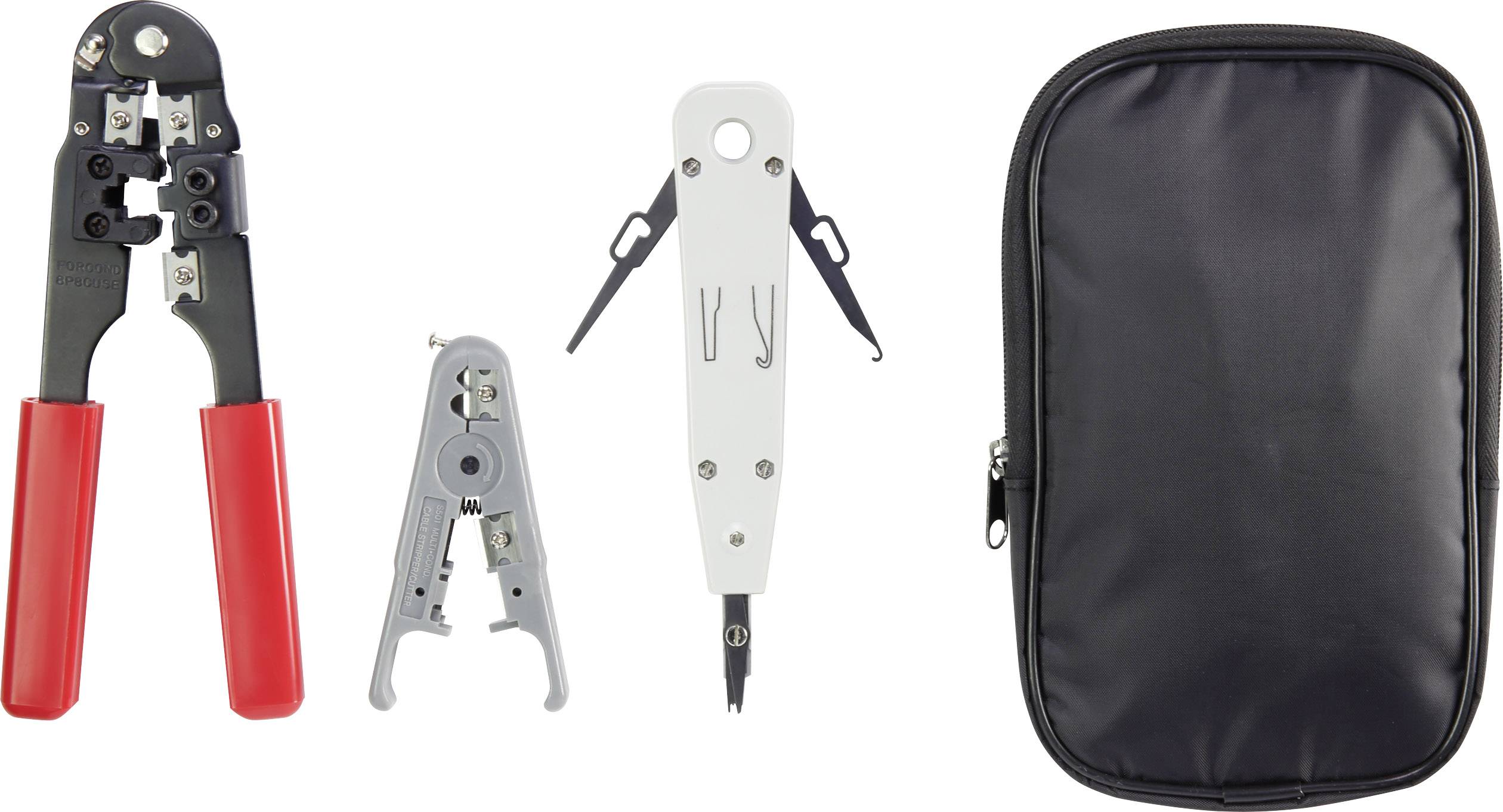 Ein Set aus drei Netzwerkwerkzeugen: Crimpzange, Abisolierwerkzeug, Punchdown-Werkzeug, neben einer schwarzen Tasche.