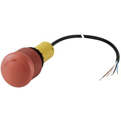 Ein roter Not-Aus-Schalter mit gelbem Sockel und schwarzem Kabel, zeigt Dreh-Richtung. Geeignet für Sicherheitsmechanismen.
