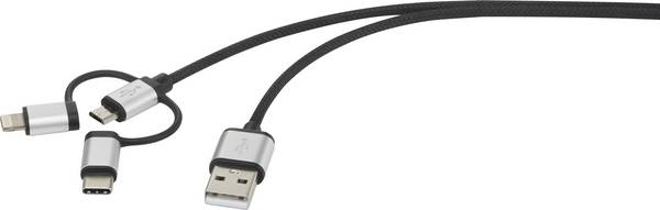 Renkforce USB-Kabel USB 2.0 USB-A Stecker, USB-C® Stecker, USB-Micro-B Stecker, Apple Lightning Stecker 0.25 m Dunkelgrau gesleeved RF-3335106