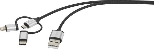 Renkforce USB-Kabel  USB 2.0 USB-A Stecker, USB-C® Stecker, USB-Micro-B Stecker, Apple Lightning Stecker 1.50 m Dunkelgrau gesleeved RF3334580