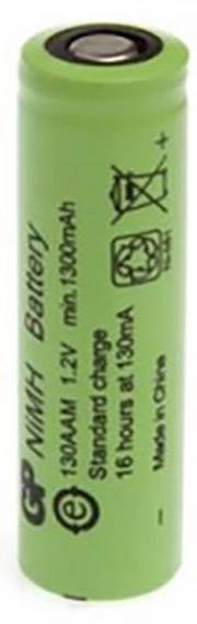 Grüne NiMH-Batterie mit 1300 mAh, 1,2 V. Beschriftung zeigt Ladehinweise und Symbole für Entsorgung. Herkunft: China.