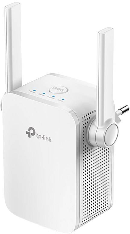 Ein weißer WLAN-Repeater von TP-Link mit zwei Antennen und einer WPS-Taste an der Oberseite. Geeignet zur Erweiterung der WLAN-Reichweite.