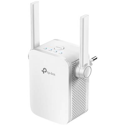 Ein weißer WLAN-Repeater von TP-Link mit zwei Antennen und einer WPS-Taste an der Oberseite. Geeignet zur Erweiterung der WLAN-Reichweite.