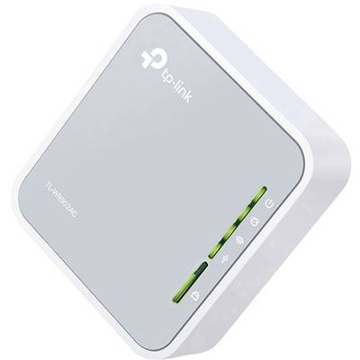 Ein kleiner, weißer TP-Link WLAN-Router mit grau abgesetzter Front. Der Router hat mehrere LEDs zur Anzeige von Netzwerkverbindungen.