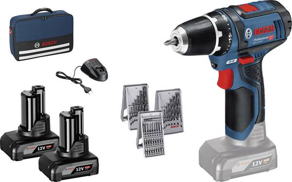 Bosch Professional GSR 12V-15 0615990HV1 Akku-Bohrschrauber  12 V 4 Ah Li-Ion inkl. 2. Akku, mit Zubehör, inkl. Tasche