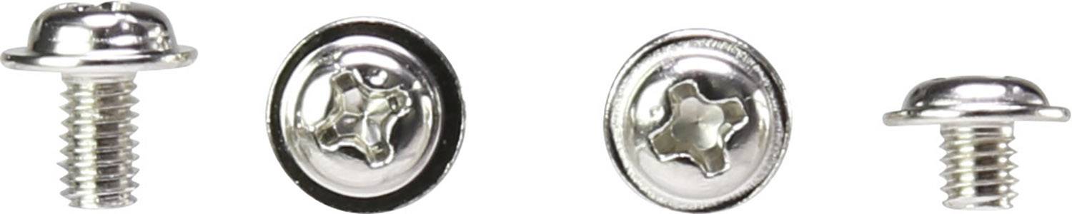 Vier silberne Metallschrauben in unterschiedlicher Ansicht. Sie zeigen eine Kreuzschlitzoptik und unterscheiden sich in Größe und Form der Köpfe.