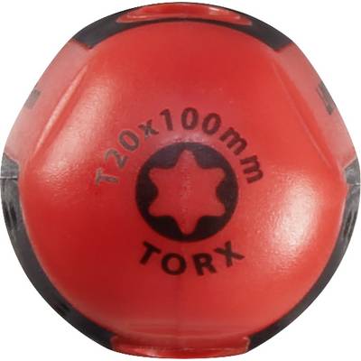 Nahaufnahme einer roten Torx-Schraubendreherkappe mit der Aufschrift 'T20 x 100mm TORX'.