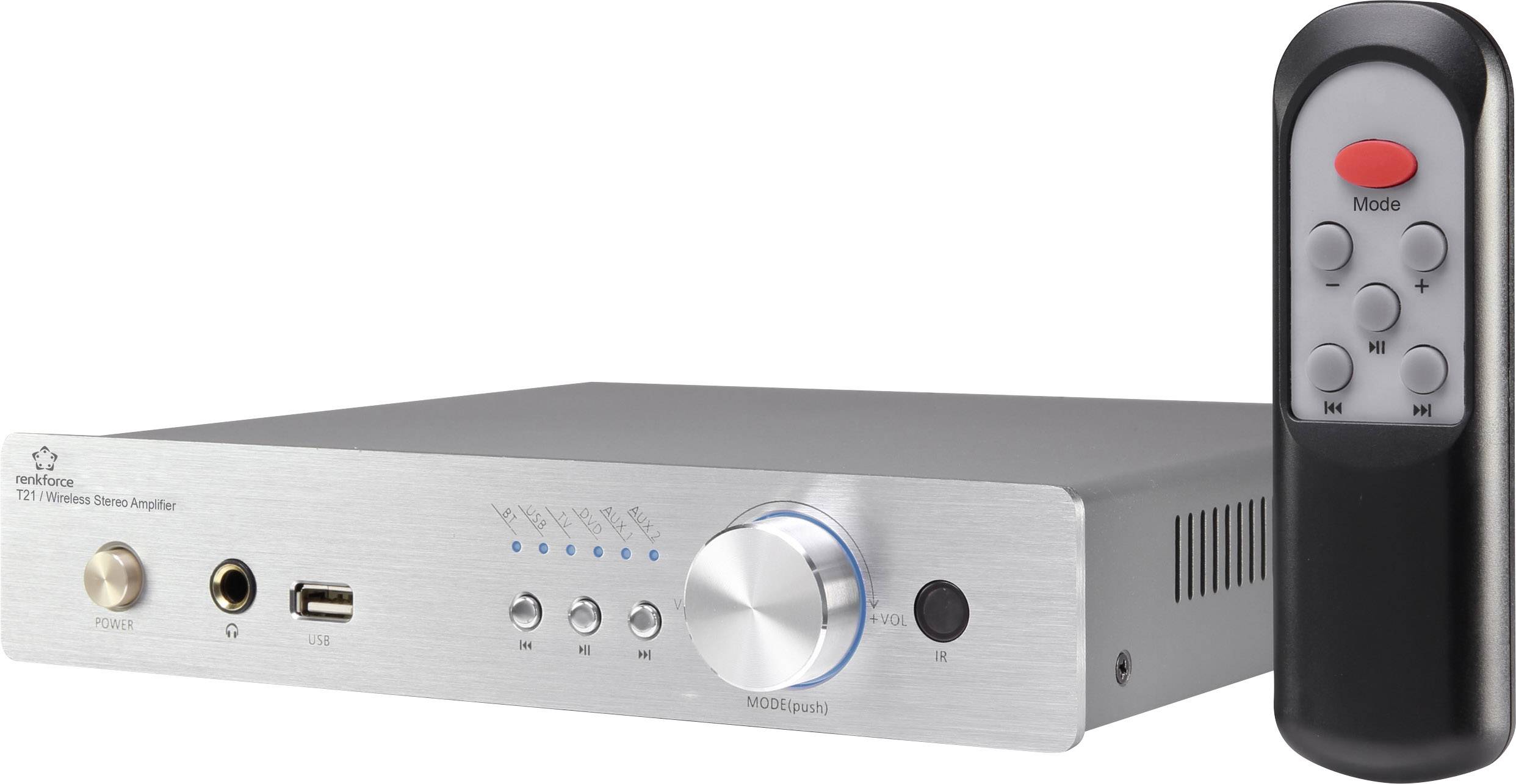 Stereo-Verstärker mit Frontpanel-Bedienelementen und beiliegender Fernbedienung; Anschlüsse für Kopfhörer und USB-Kabel.