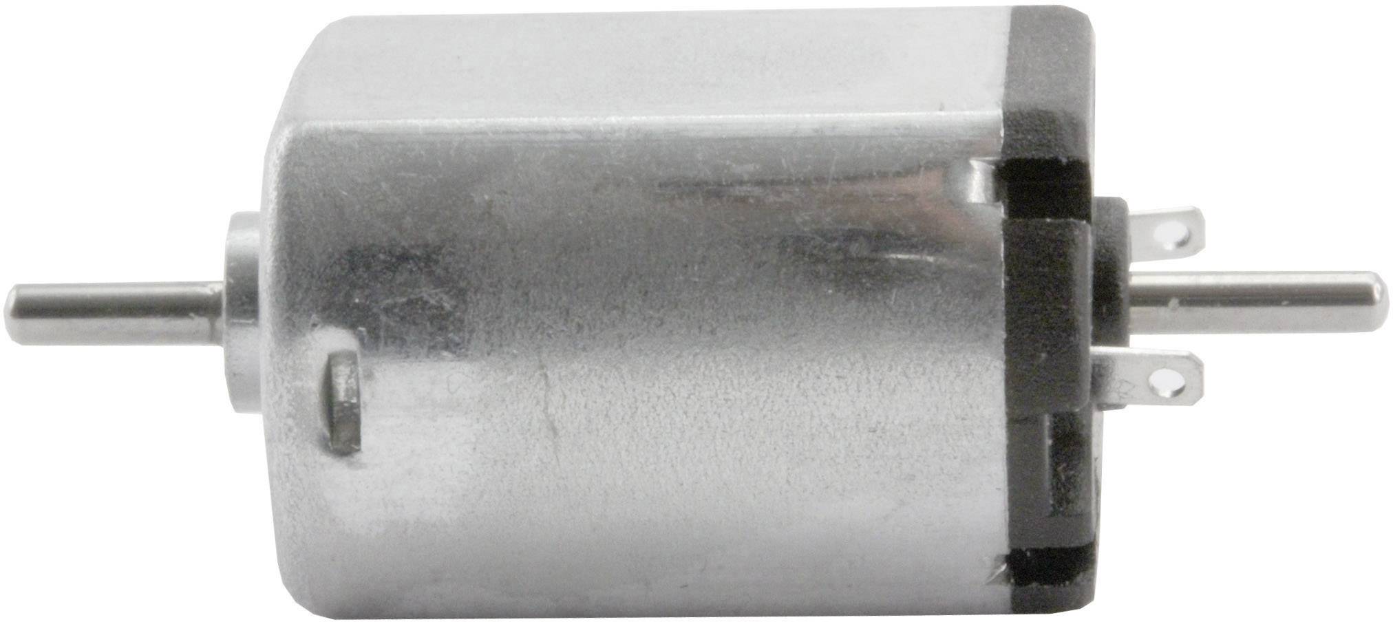 Kleiner, rechteckiger Elektromotor in Silber mit zwei herausragenden Achsen und Anschlusskontakten an der Seite.