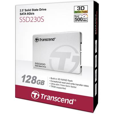 'Transcend SSD230S 128GB' Solid State Drive Verpackung mit 2,5 Zoll SATA 6Gb/s, 3D NAND Flash, Lesegeschwindigkeit bis 500MB/s.