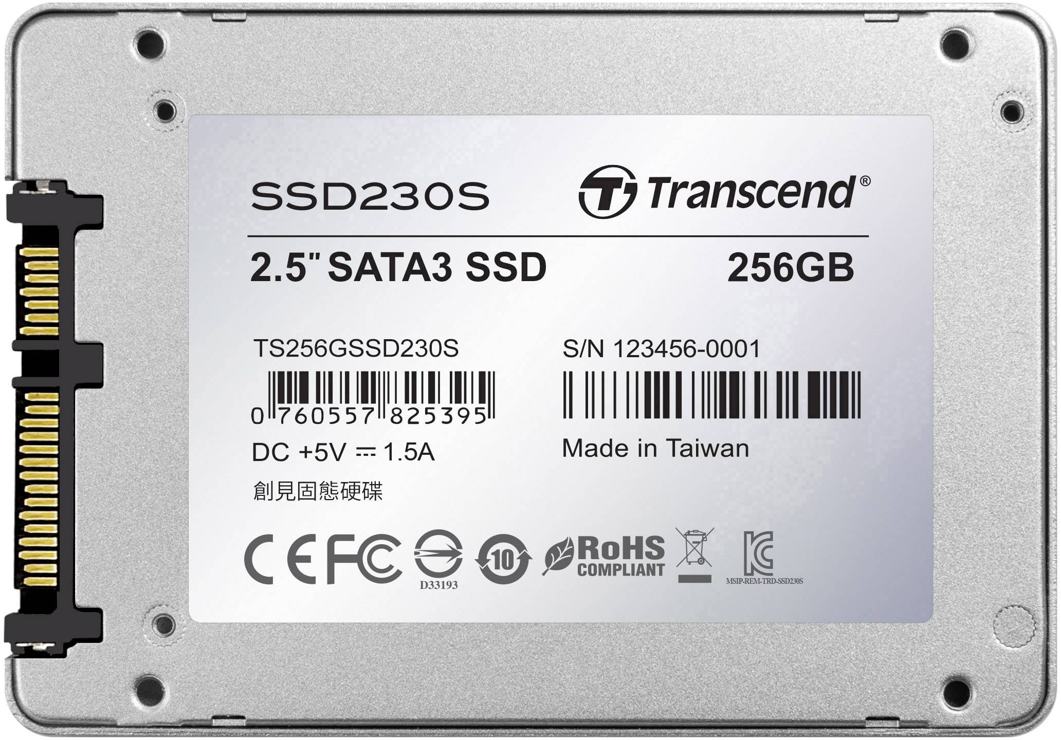 Eine silberne SSD-Festplatte von Transcend mit der Bezeichnung 'SSD230S'. Kapazität: 256GB, Format: 2,5 Zoll, SATA3-Anschluss.