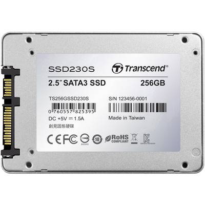 Eine silberne SSD-Festplatte von Transcend mit der Bezeichnung 'SSD230S'. Kapazität: 256GB, Format: 2,5 Zoll, SATA3-Anschluss.