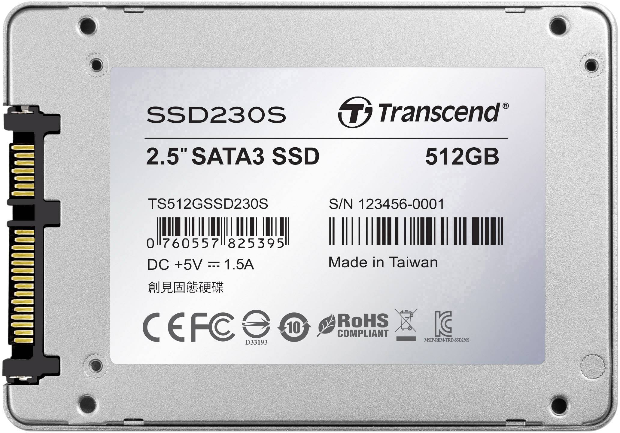 Silberne SSD-Festplatte von Transcend, Modell SSD230S, 2.5" SATA3, 512GB. Seriennummer und Herstellungsland auf Aufkleber.