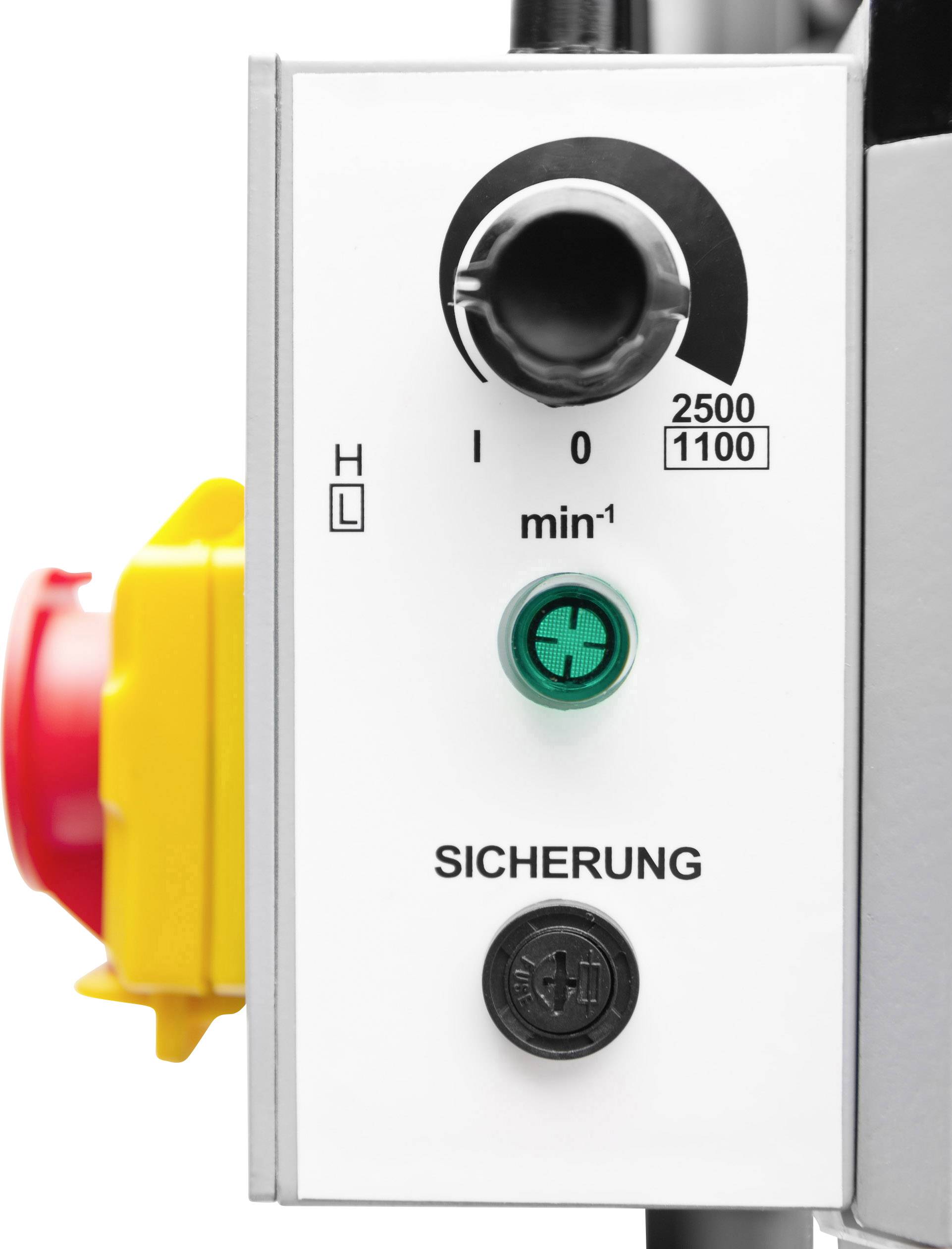 'Bedienfeld mit Drehknopf für Geschwindigkeitsregelung, Schalter für EIN/AUS, Sicherung und roter Not-Aus-Taste an der Seite.'