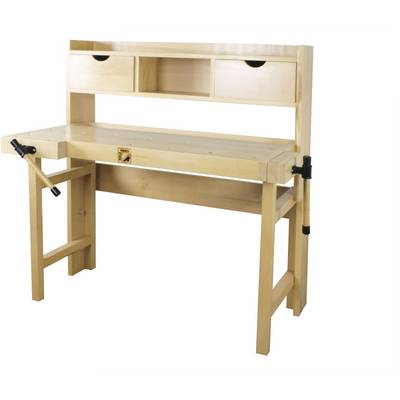 Eine helle Holzweltischbank mit zwei Schubladen und Schraubzwingen an den Seiten, geeignet für handwerkliche Arbeiten.