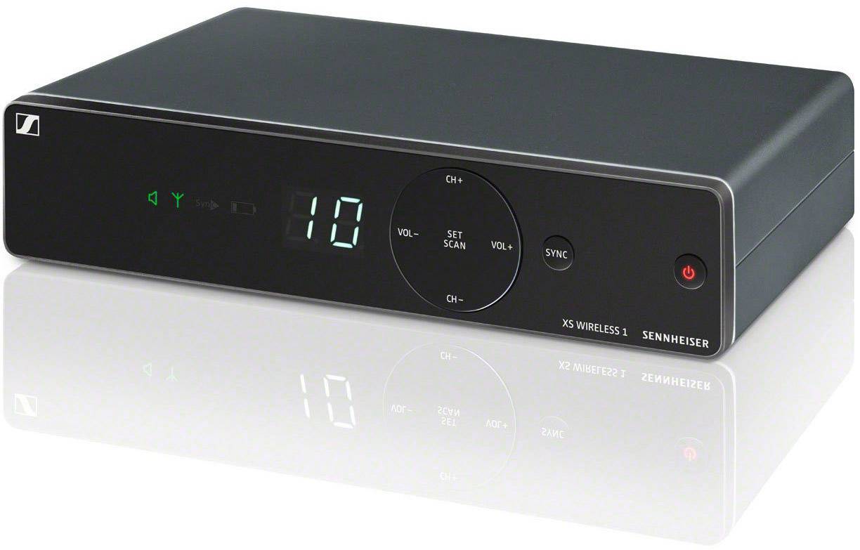 Ein drahtloser Empfänger zeigt die Zahl '10' auf dem Display. Markenname unten, Stromtaste rechts. Geeignet für Audioempfang.