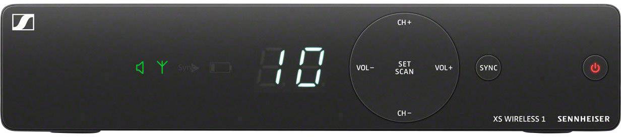 'Sennheiser XS Wireless 1 EM Receiver mit LED-Display, Kanal- und Lautstärkeregler, sowie Ein-/Ausschalter.'