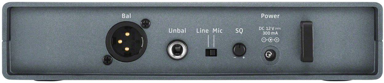 Rückseite eines Audiogeräts mit Anschlüssen: XLR für Bal, Cinch für Unbal, Line, Mic, Schalter für SQ, und Netzstecker für Power.