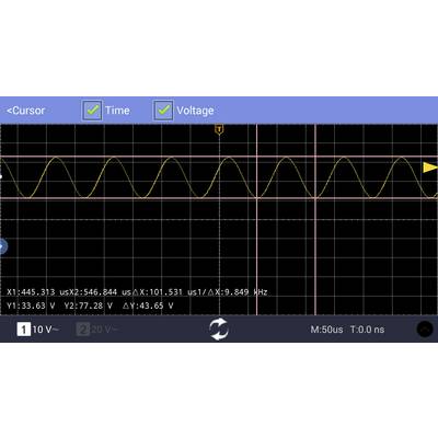 'Oszilloskop-Display zeigt eine Sinuswelle mit Markierungen bei X: 101,531 ns und Y: 43,65 V. Zeitachse ist M: 50 µs, T: 0,0 ns.'